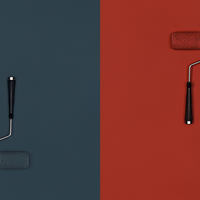 Left side with dark blue paint on wall and roller, right side with red paint on wall and roller.