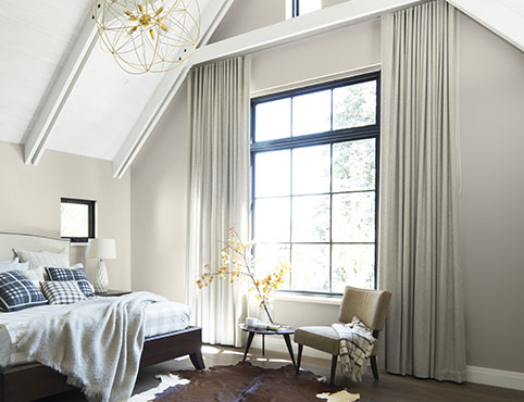 Neutral bedroom painted in Wish AF-680 with white cathedral ceiling in Baby's Breath OC-62. Neutral bedroom painted in Wish AF-680 with white cathedral ceiling in Baby's Breath OC-62.
