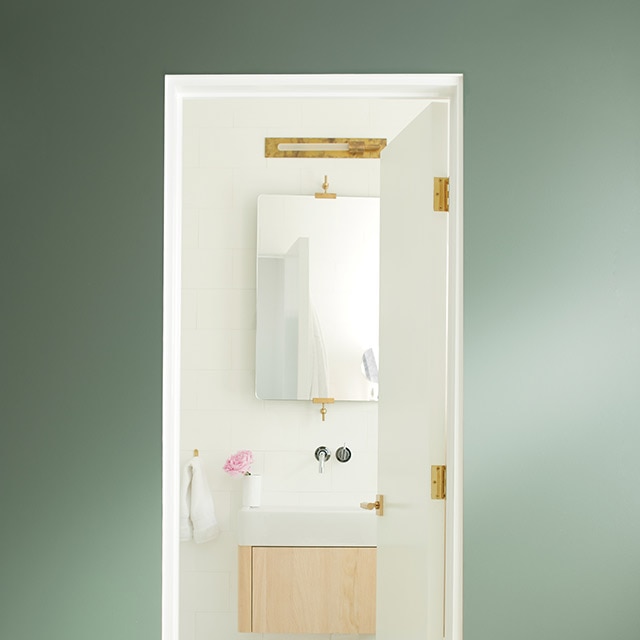 Mur de couloir vert avec porte blanche qui ouvre sur une salle de bains blanche avec table de toilette en bois clair, miroir et petit tapis à rayures bleu et blanc. Mur de couloir vert avec porte blanche qui ouvre sur une salle de bains blanche avec table de toilette en bois clair, miroir et petit tapis à rayures bleu et blanc.