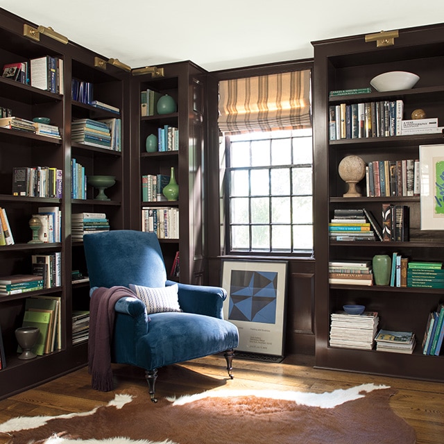 A rich, dark brown painted home library with built-in floor-to-ceiling filled bookshelves and sunlight streaming on a blue velvet chair. A rich, dark brown painted home library with built-in floor-to-ceiling filled bookshelves and sunlight streaming on a blue velvet chair.