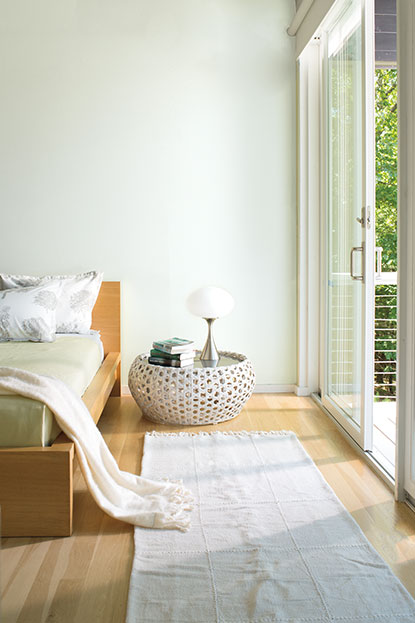 Minimal bedroom with walls painted in Palest Pistachio 2122-60. Minimal bedroom with walls painted in Palest Pistachio 2122-60.