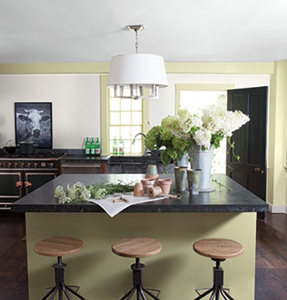 A modern green-painted kitchen with cut flowers and granite countertops. A modern green-painted kitchen with cut flowers and granite countertops.