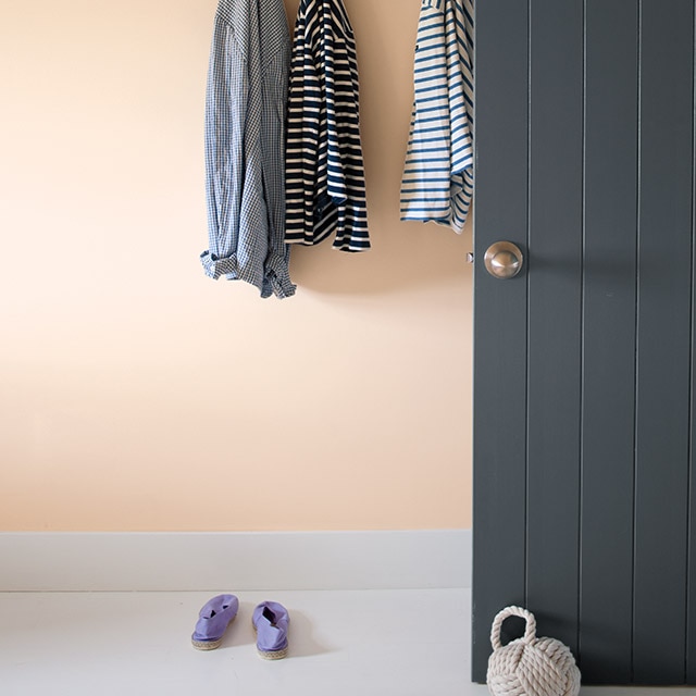 A peach-painted wall with white trim and gray doors, featuring a set of white coat hooks with various shirts. A peach-painted wall with white trim and gray doors, featuring a set of white coat hooks with various shirts.