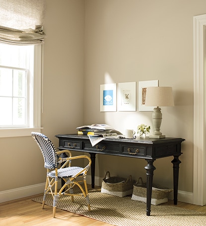 A corner study area with walls painted in Shaker Beige HC-45 and ceilings painted in Simply White OC-117. A corner study area with walls painted in Shaker Beige HC-45 and ceilings painted in Simply White OC-117.
