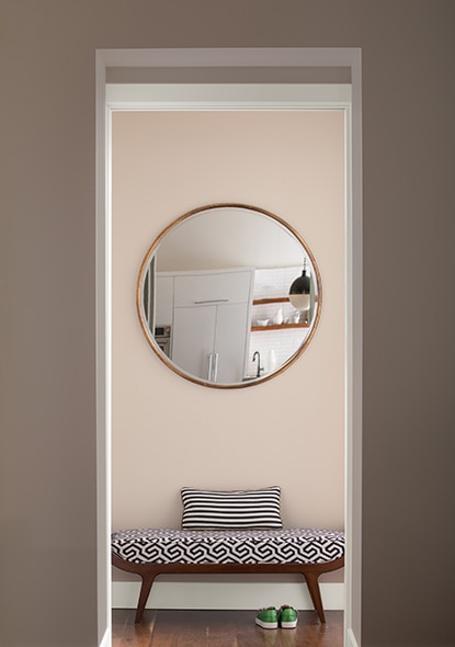 Beige hallway with walls painted in Driftwood 2107-40 and Soft Satin 2164-60. Beige hallway with walls painted in Driftwood 2107-40 and Soft Satin 2164-60.