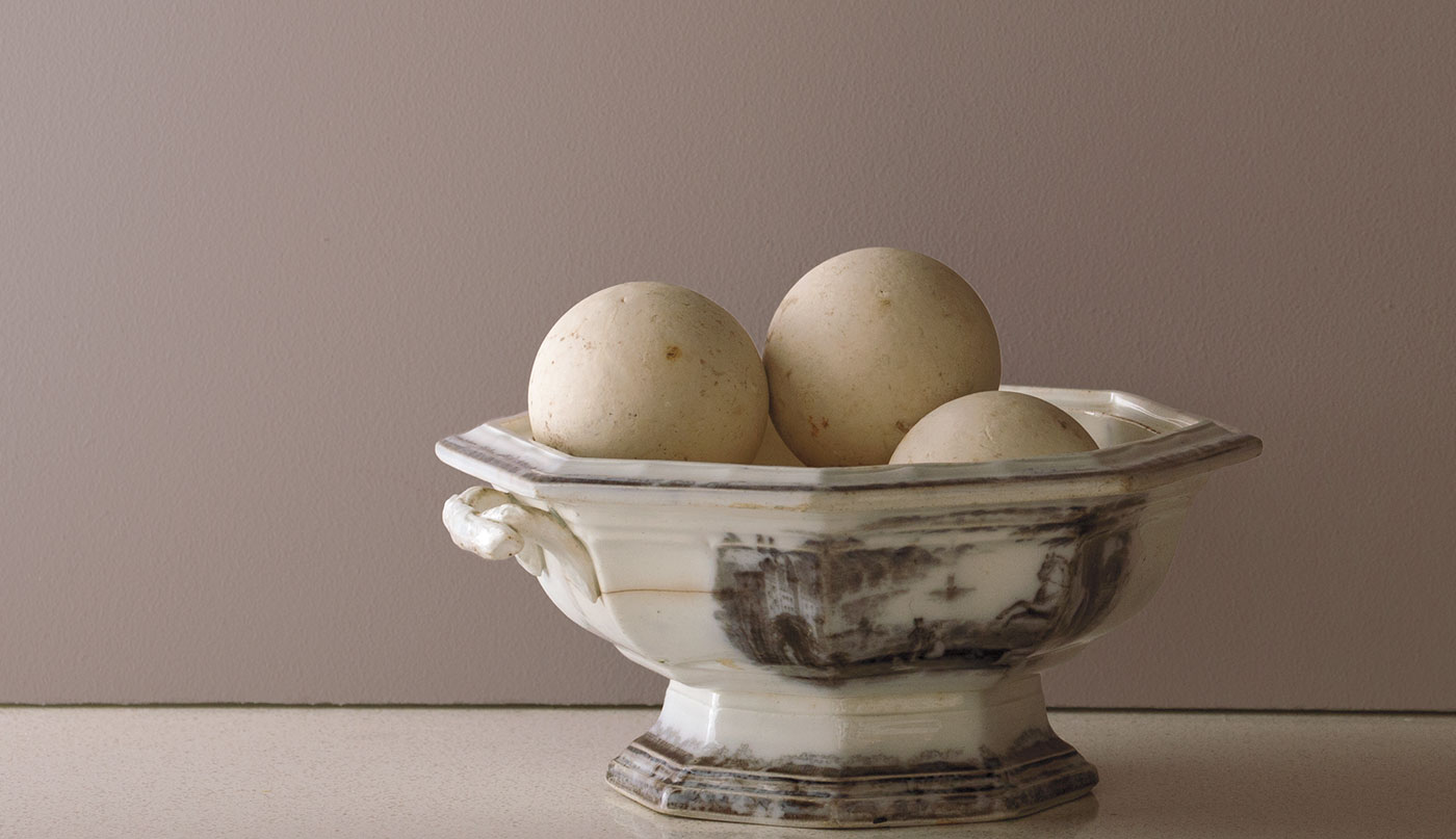 A decorative rustic bowl against a painted wall in Smoked Oyster 2109-40.