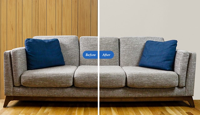 Before and after split-screen photos of a room with painted wood paneling. Before and after split-screen photos of a room with painted wood paneling.