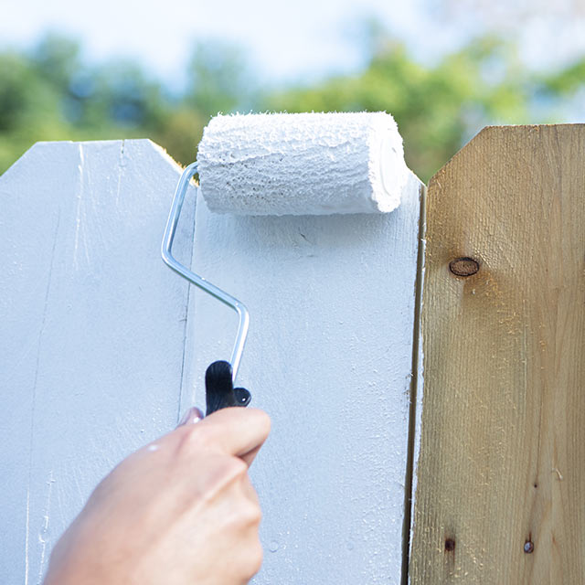A homeowner rolls on Fresh Start® primer onto an unpainted exterior wooden fence. A homeowner rolls on Fresh Start® primer onto an unpainted exterior wooden fence.