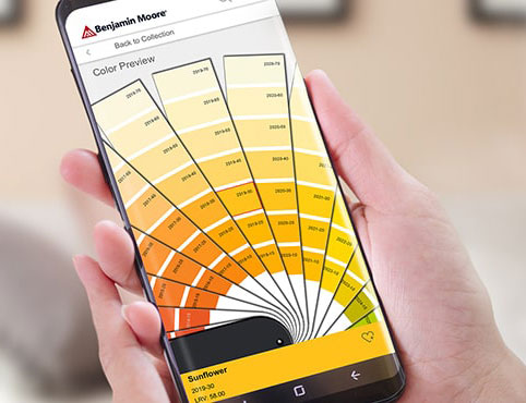 Benjamin Moore® Colour Preview® paint swatches on a mobile device.