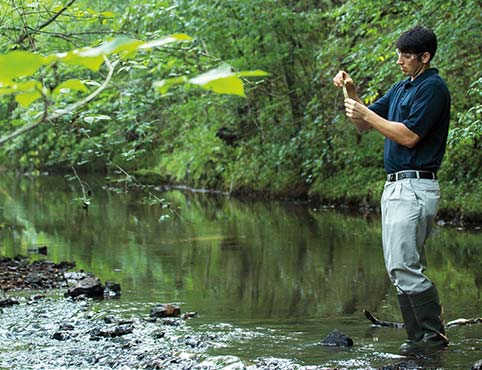 A man working near a stream in the woods